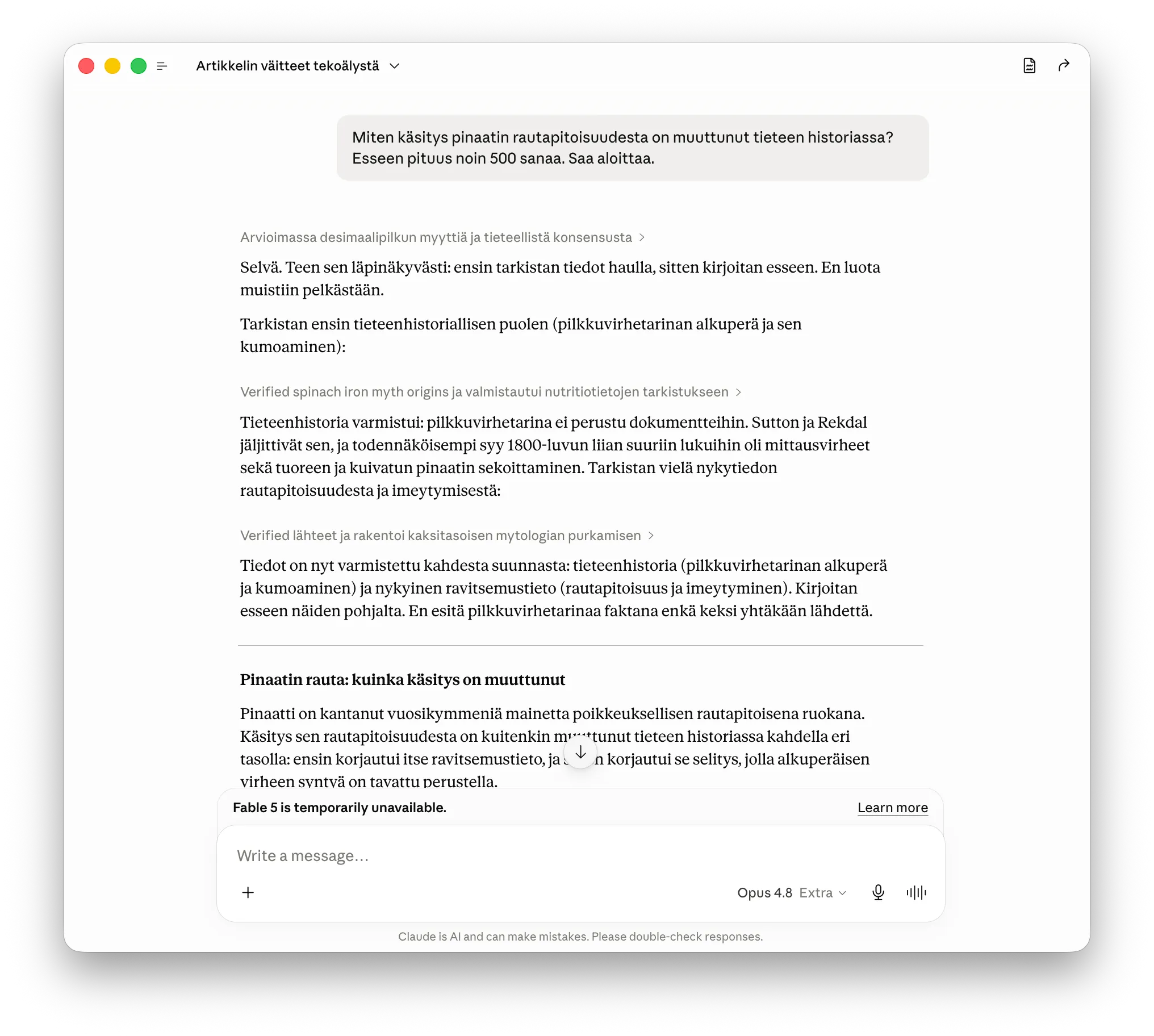 Toistimme Helsingin Sanomien 'pinaattikokeen' Claudella