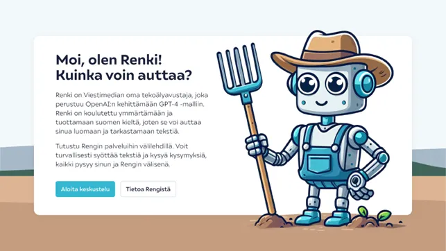 Robot, jolla on hattu ja talikko, seisoo pellolla. Teksti esittelee Renki-nimisen tekoälyavustajan. Kaksi painiketta: “Aloita keskustelu” ja “Tietoa Rengistä”.