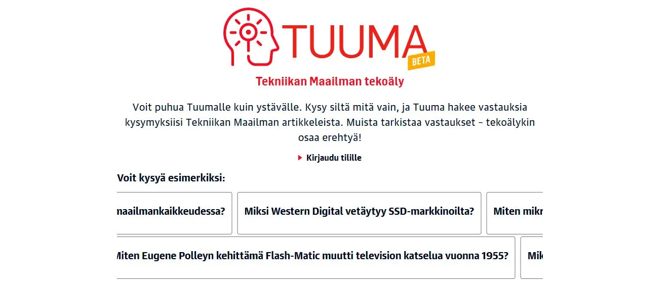 Tekniikan Maailman tekoäly Tuuma esittely. Punainen logo, esimerkkikysymyksiä kuten “Miksi Western Digital vetäytyy SSD-markkinoilta?”.