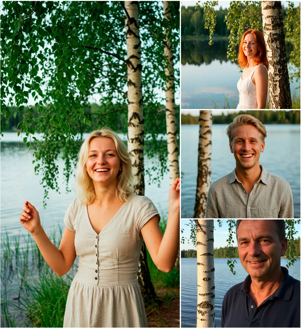 Kuvakollaasi suomalaisista tekoälyhahmoista realistisessa mökkimaisemassa.